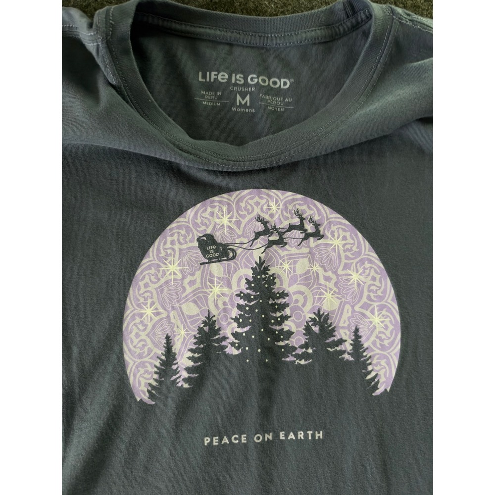 Life is Good Womens M Crusher Long Sleeve Tee Peace On Earth Santa Christmas